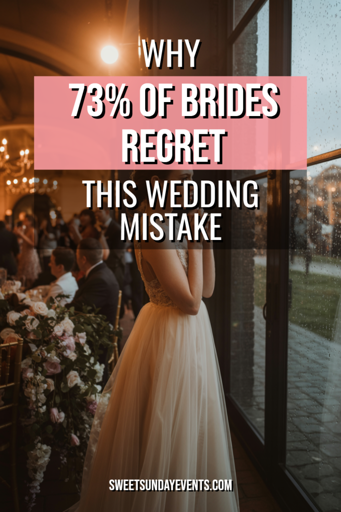 Elegant bride at a rainy wedding reception, reflecting on wedding choices and memories.