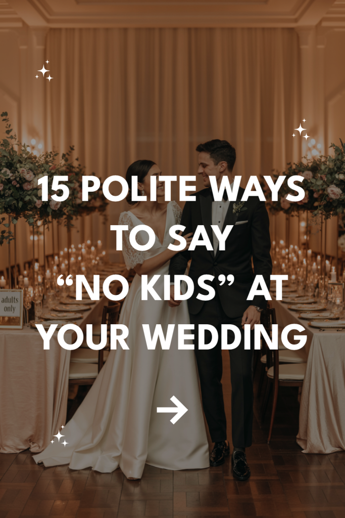 Elegant wedding reception scene with couple, intricate décor, and no kids message.