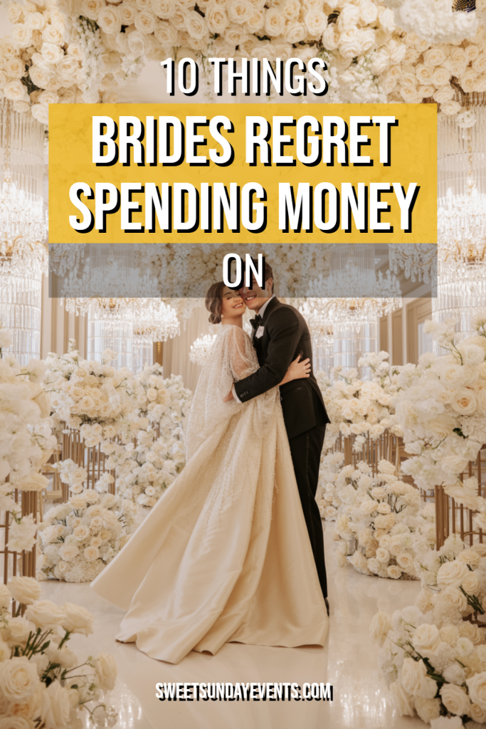 Elegant wedding scene with bride and groom under floral canopy, exploring wedding spending regrets.