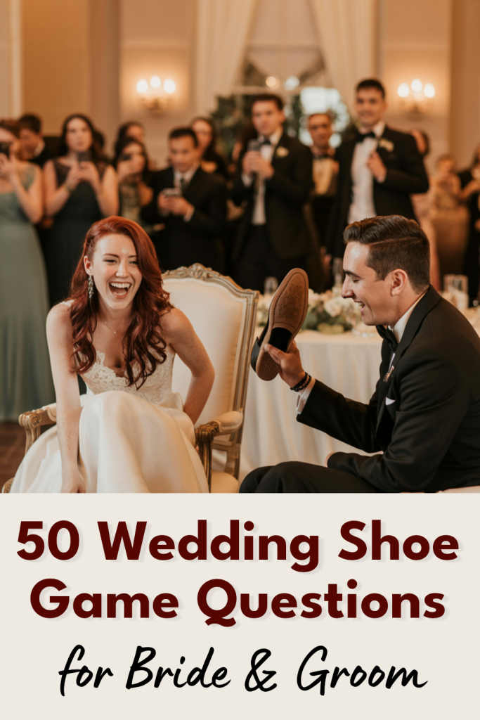 Bride and groom happily play the wedding shoe game at their joyful reception.