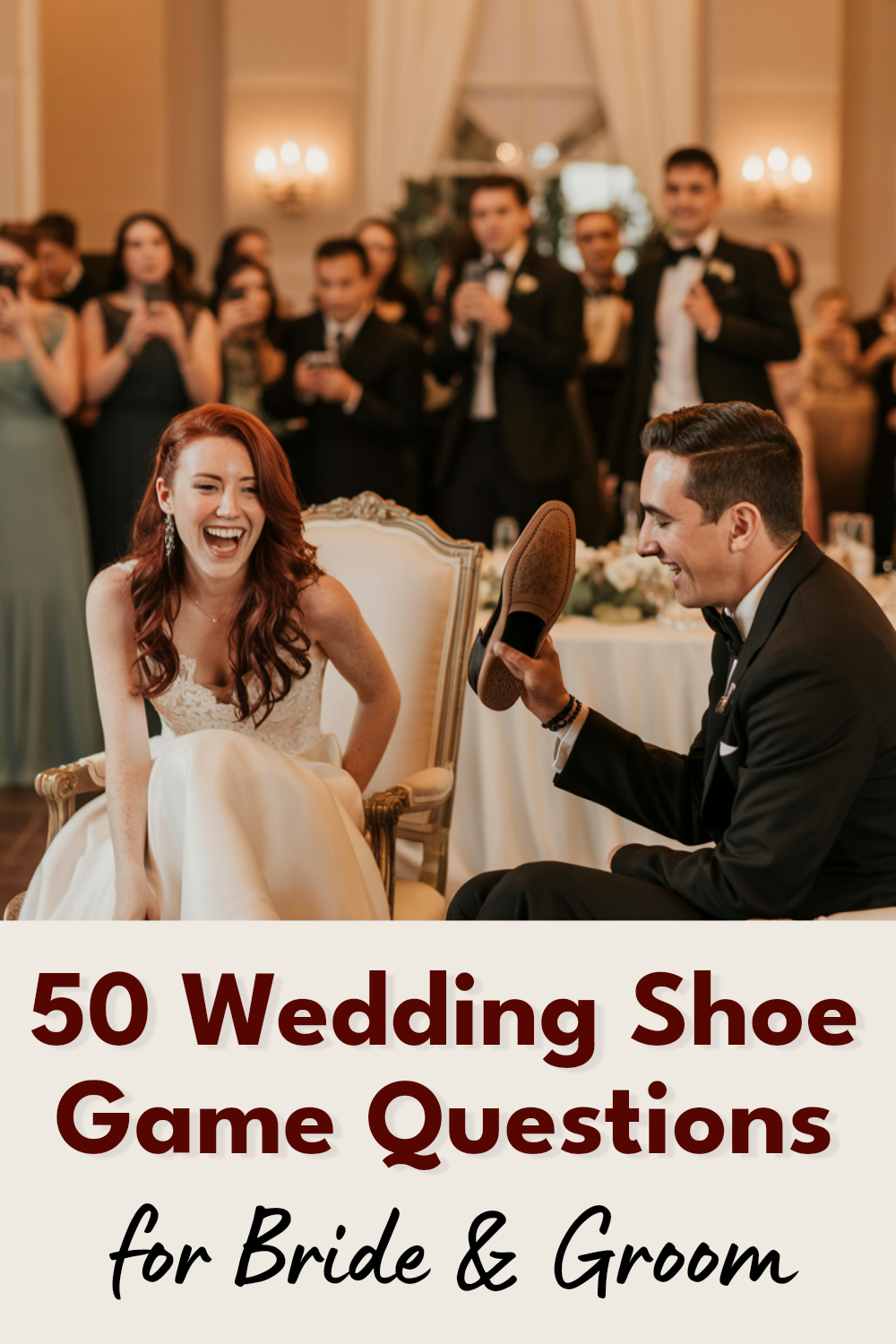 Bride and groom happily play the wedding shoe game at their joyful reception.