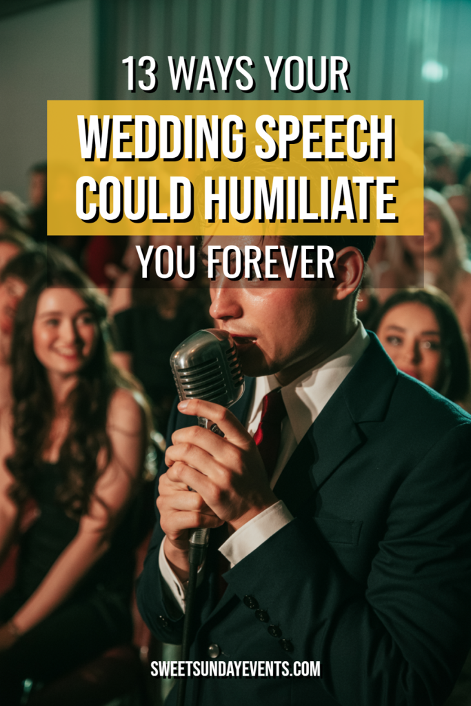 Young man giving a wedding speech, revealing both excitement and anxiety before attentive guests.