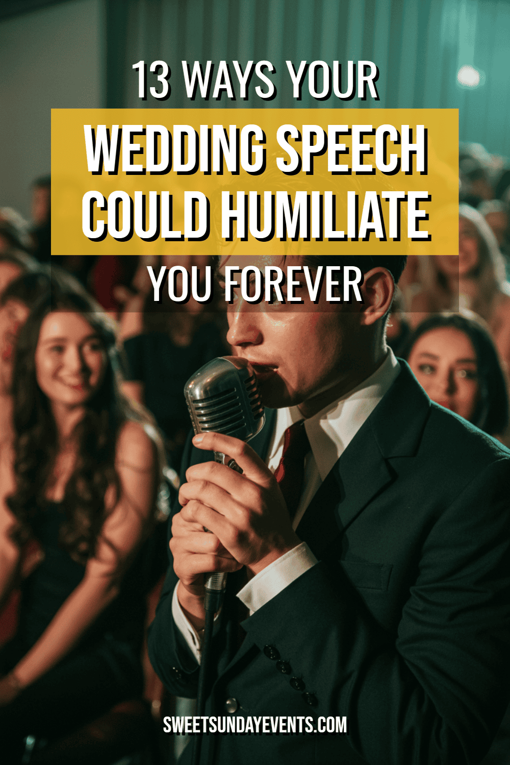 Young man giving a wedding speech, revealing both excitement and anxiety before attentive guests.