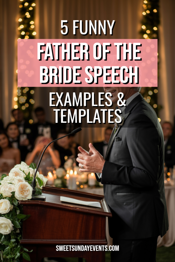 Father of the bride delivers a heartfelt wedding speech in an elegant celebration setting.
