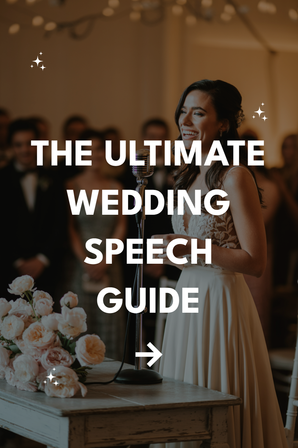 Heartfelt wedding speech guidance with elegant decor, joyful guests, and romantic ambiance.
