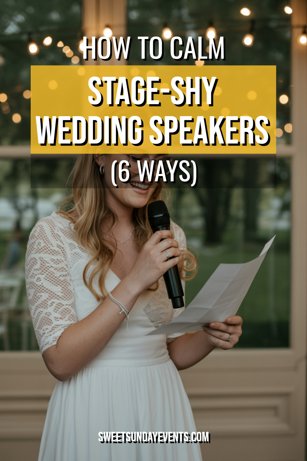 Woman delivering a heartfelt wedding speech in an elegant dress, surrounded by festive decorations.
