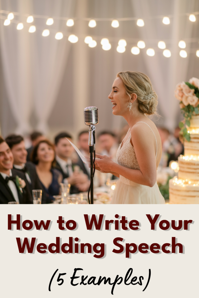 Woman in wedding gown delivers heartfelt speech at beautifully decorated wedding reception.