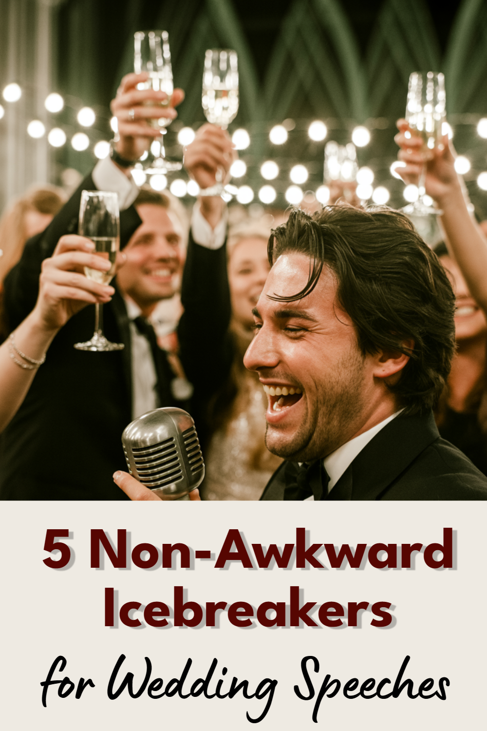 Joyful wedding toast with guests celebrating love and connection, featuring engaging speech tips.