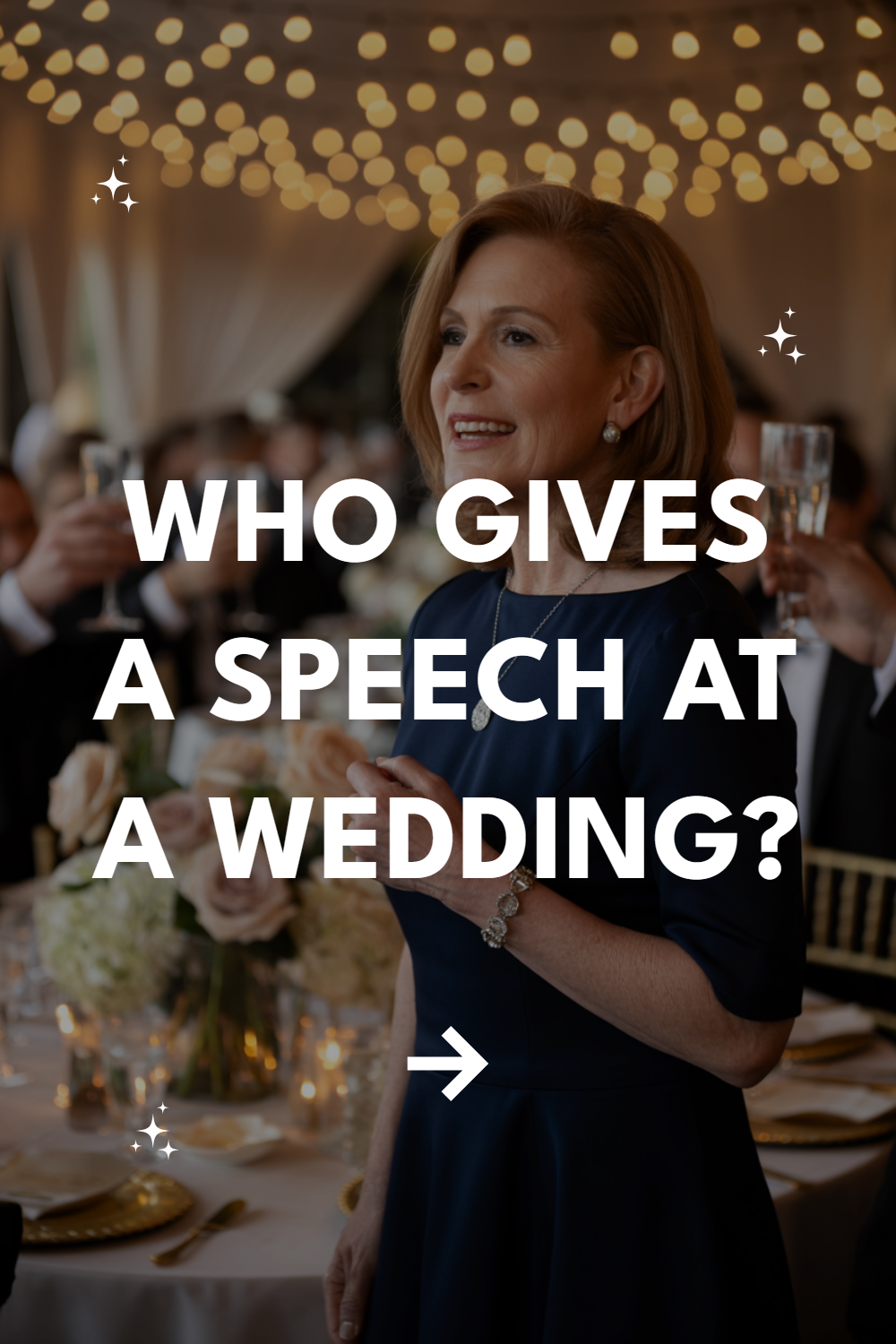 Elegant wedding toast with joyful guests under twinkling lights celebrating love and connection.