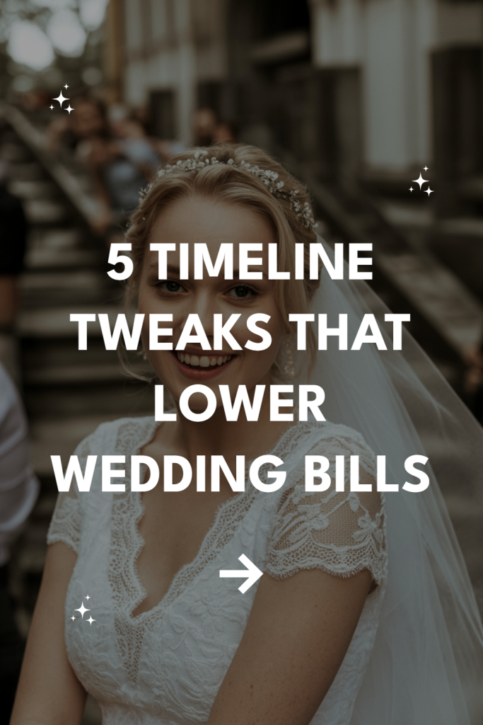 Beautiful bride smiles joyfully, with wedding guests in the background and financial tips overlay.