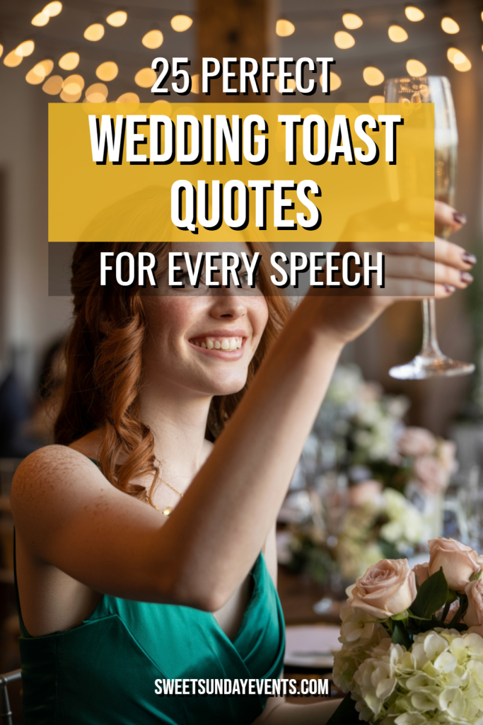 Young woman toasting at a wedding reception with sparkling beverage and elegant table decor.