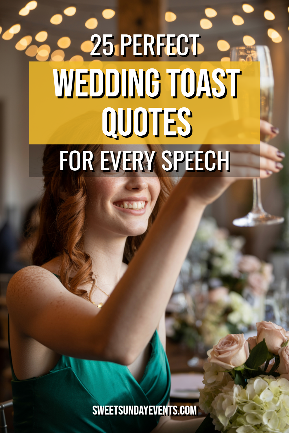 Young woman toasting at a wedding reception with sparkling beverage and elegant table decor.