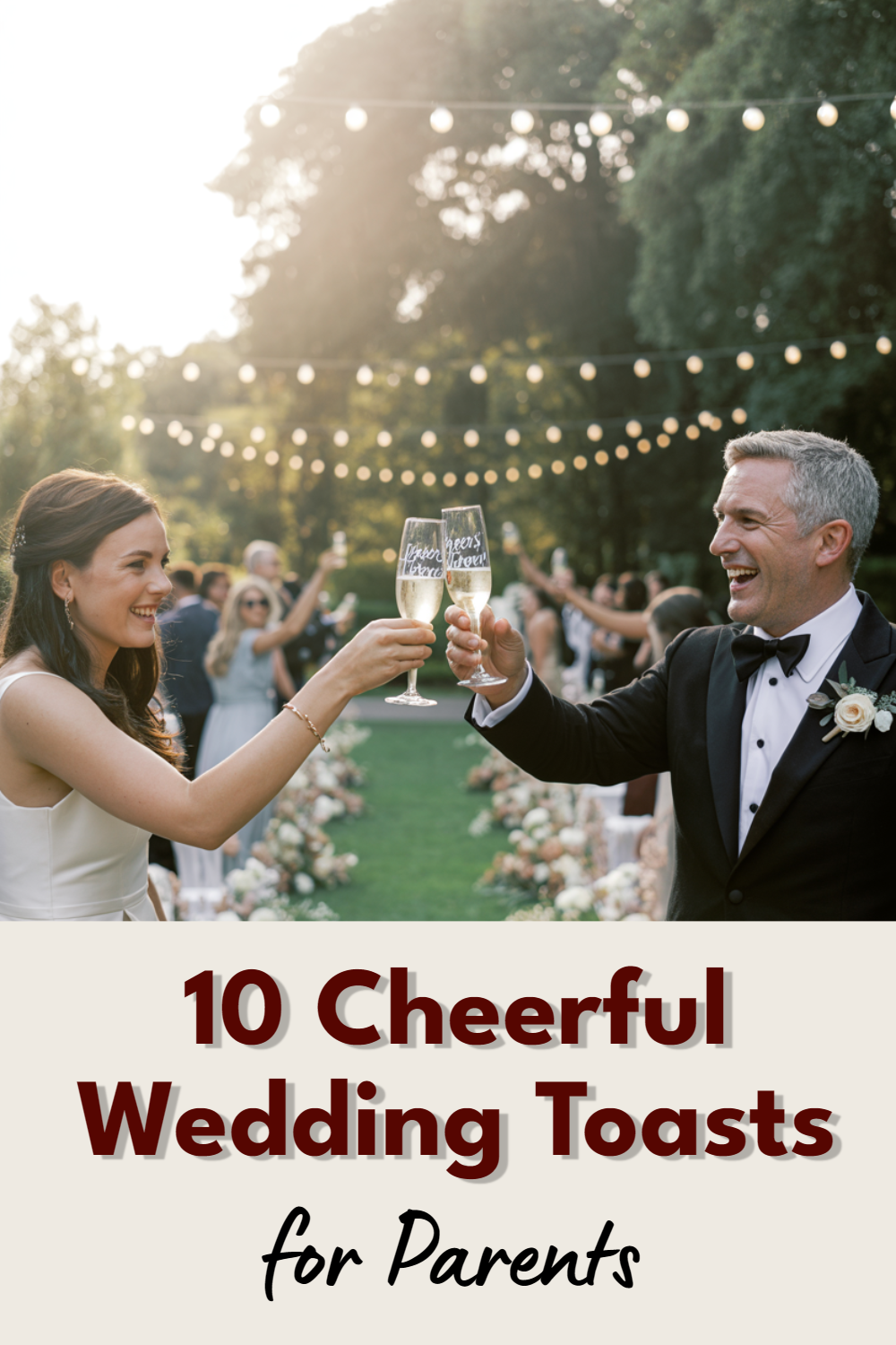 Joyful wedding toast celebration with couple, guests, and festive outdoor ambiance.