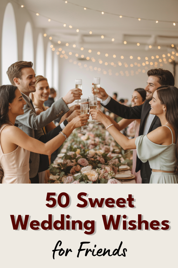 Friends joyfully toast during a beautiful wedding reception with floral decorations and sparkling drinks.
