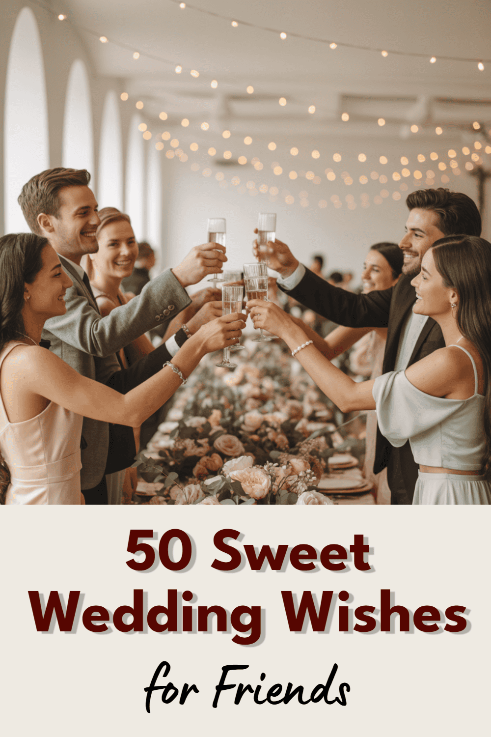 Friends joyfully toast during a beautiful wedding reception with floral decorations and sparkling drinks.