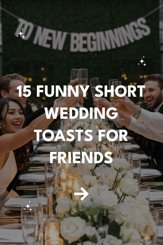 Friends toasting at a joyful wedding celebration with elegant decorations and heartfelt laughter.