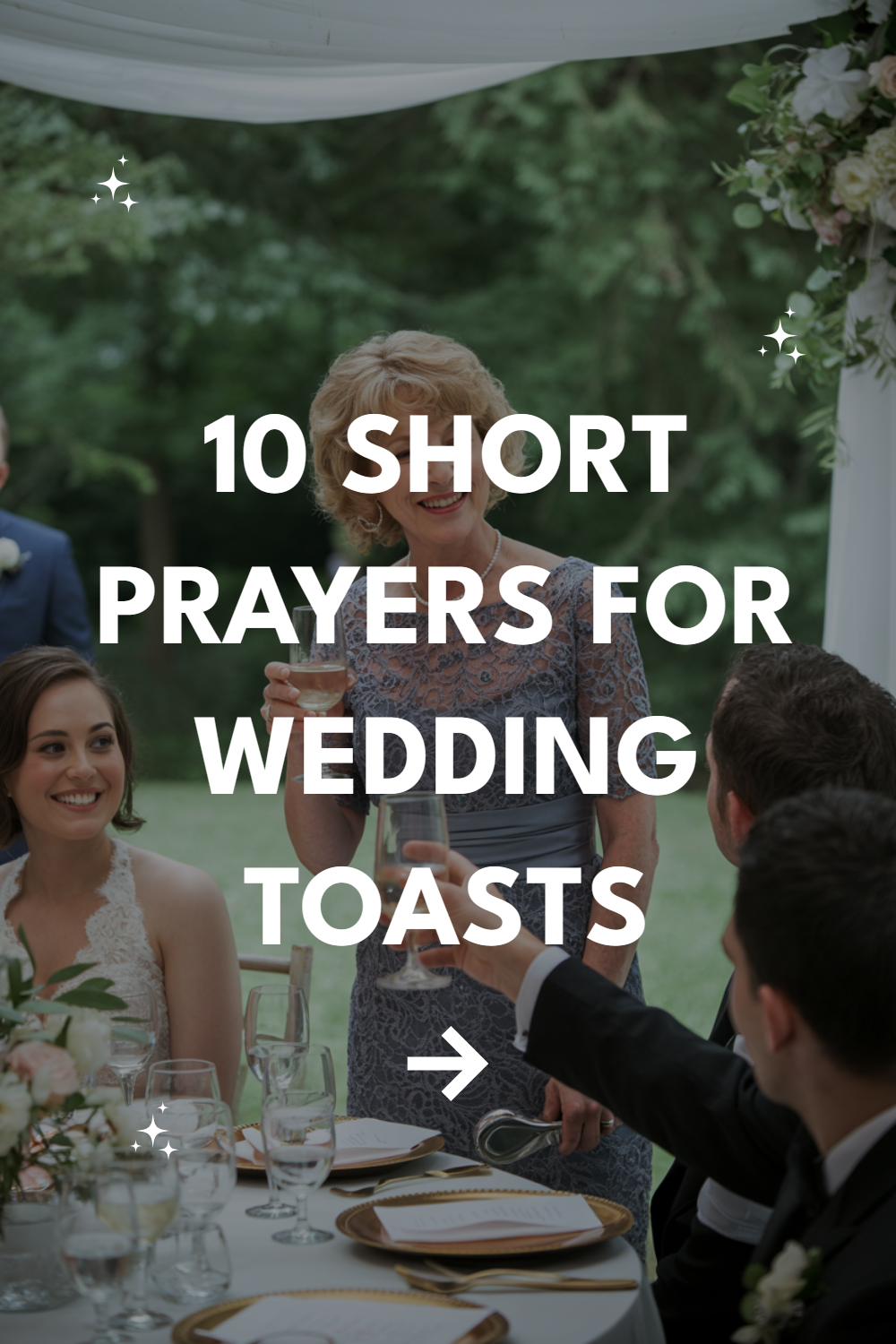 Joyful wedding toast with guests, celebrating love and unity in a beautiful outdoor setting.