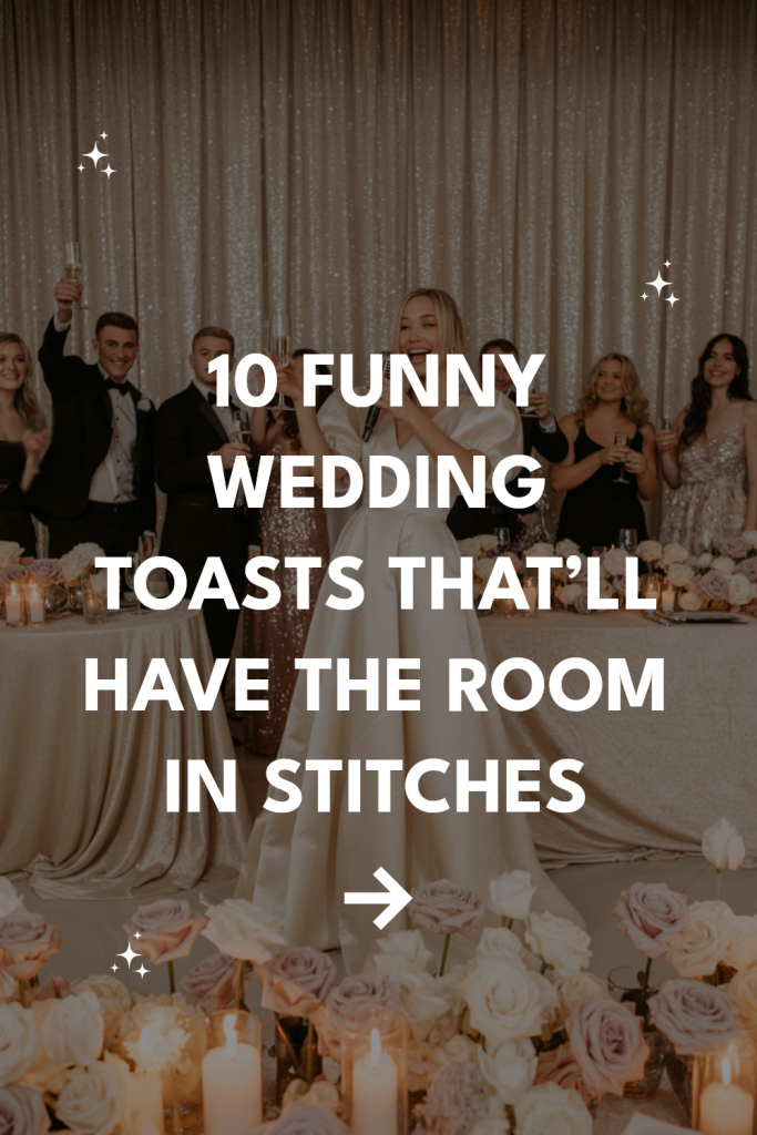 Bride gives a hilarious toast at a joyful wedding reception with elegant decor and happy guests.