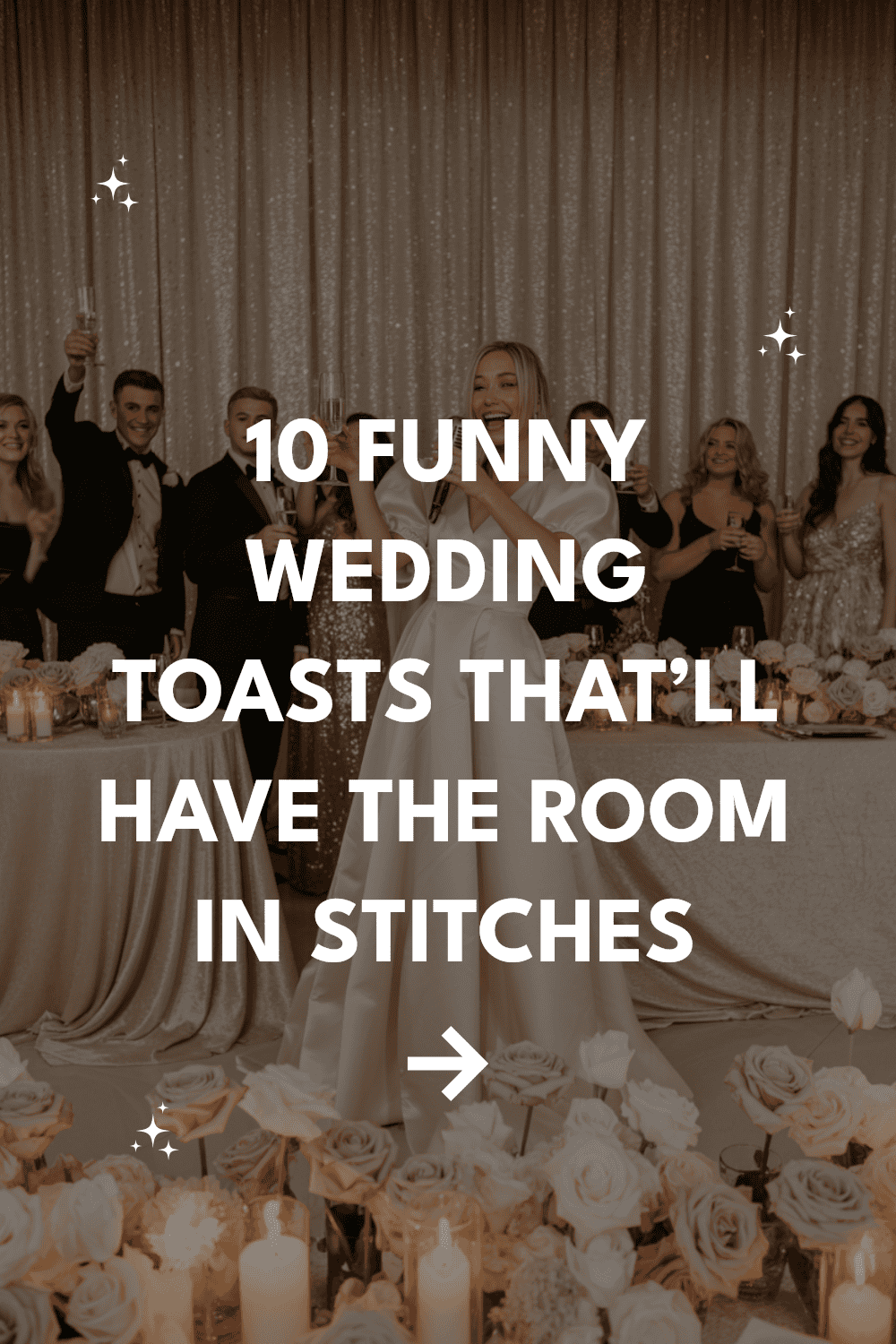 Bride gives a hilarious toast at a joyful wedding reception with elegant decor and happy guests.
