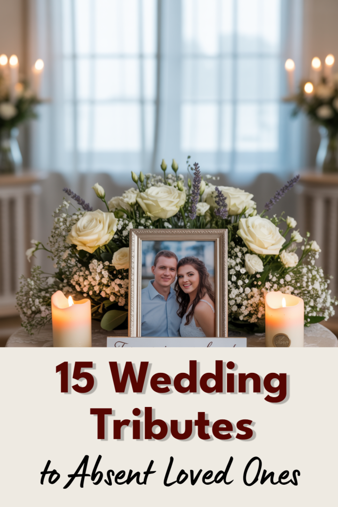 Emotional wedding tribute display honors absent loved ones with flowers and candles.