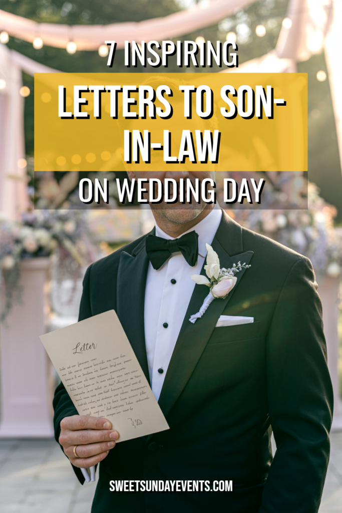 Groom in tuxedo holds heartfelt letter at romantic wedding with elegant floral decor.
