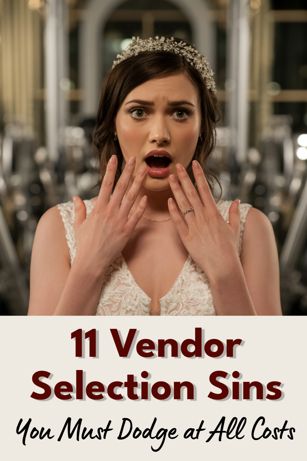 Bride shocked by wedding vendor selection mistakes in elegant setting. Tips to avoid pitfalls.