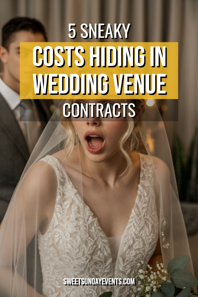 Bride in gown reacts to hidden wedding venue costs and planning challenges with supportive partner.