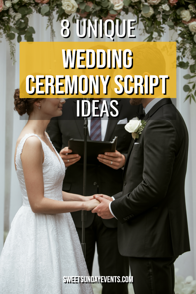 Bride and groom exchanging vows in an elegant wedding ceremony with floral backdrop.