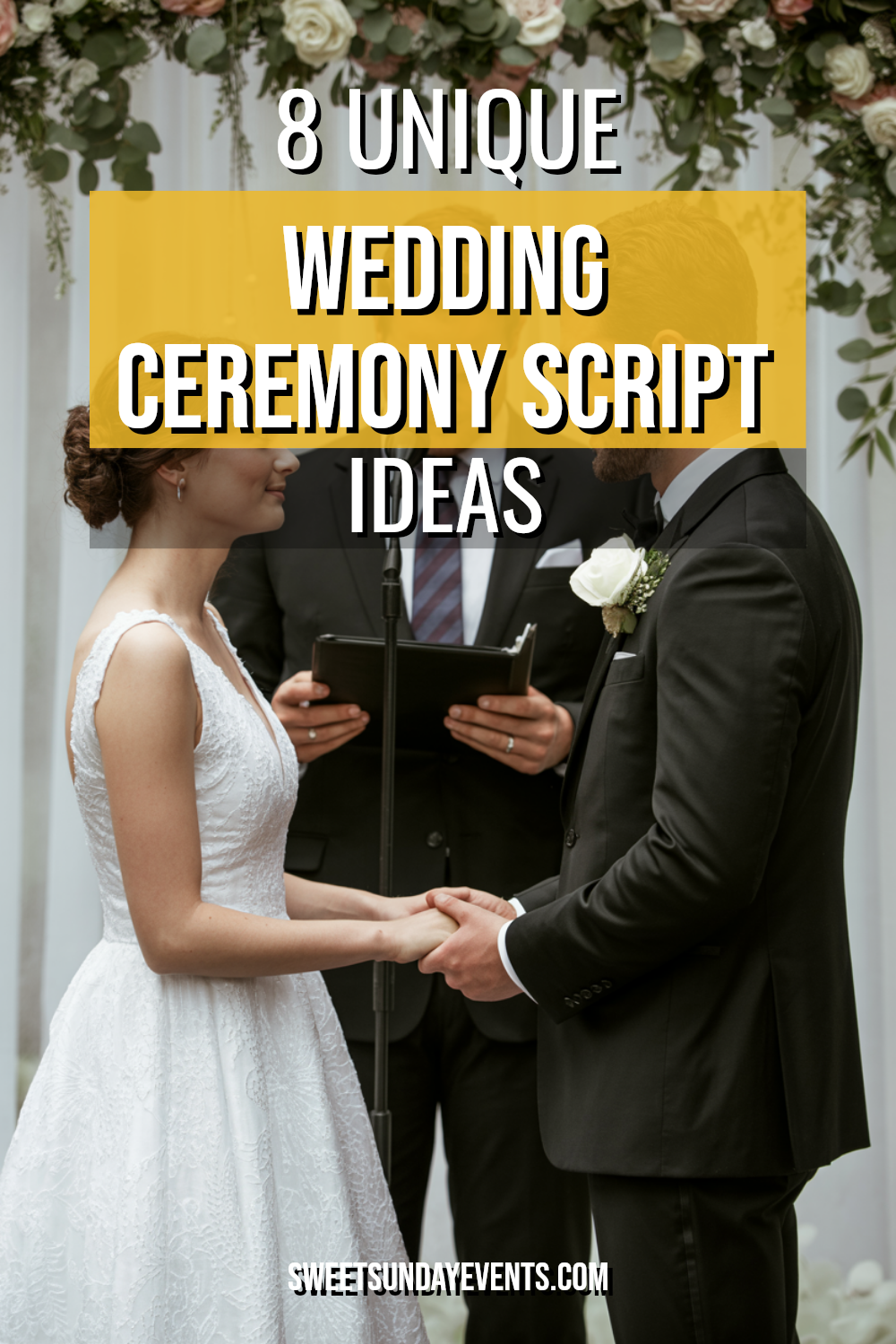 Bride and groom exchanging vows in an elegant wedding ceremony with floral backdrop.