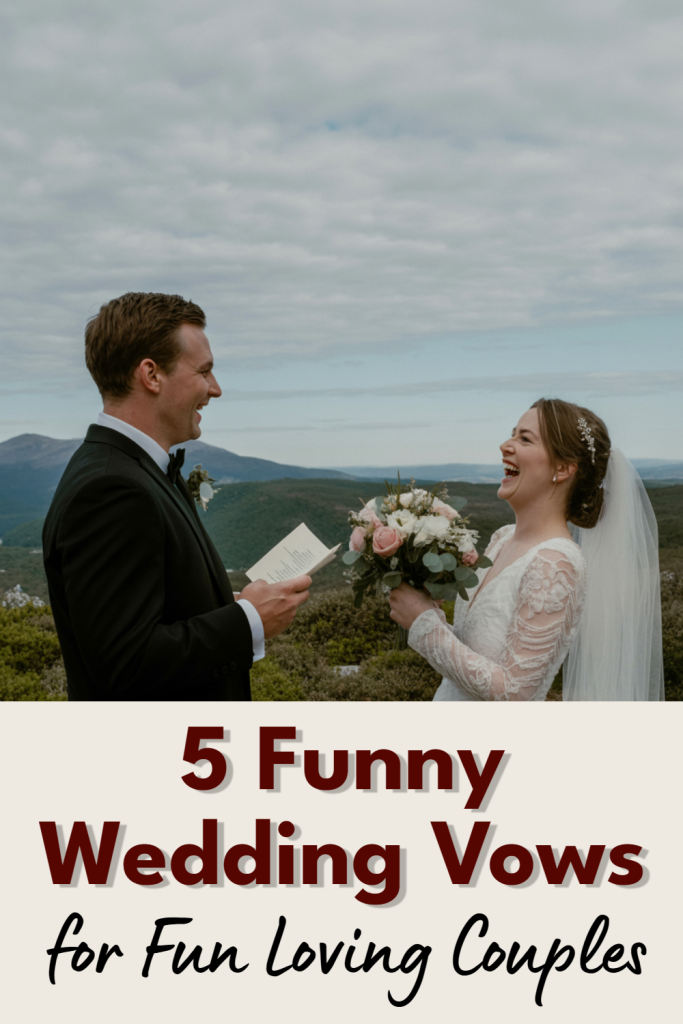Joyful couple exchanging funny vows in picturesque wedding setting among mountains and greenery.