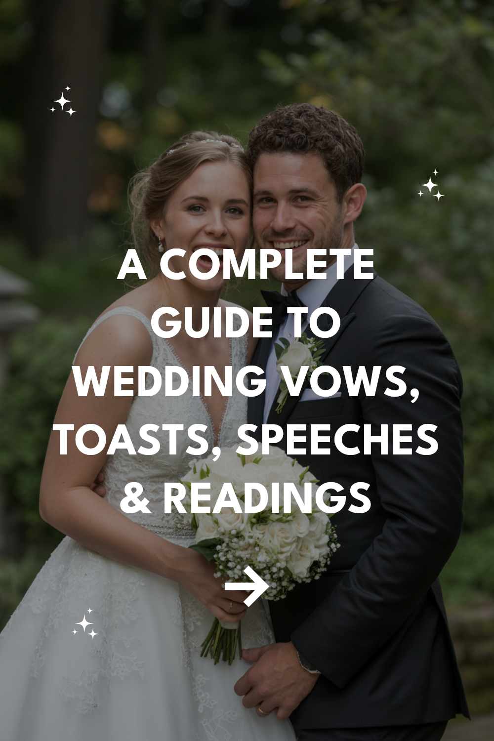 Joyful couple celebrates their wedding, surrounded by nature with a guide to vows and speeches.