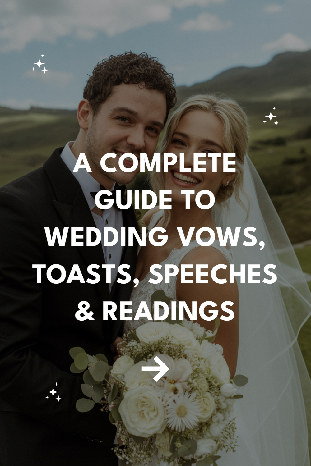 Joyful couple on wedding day, radiating love with elegant attire and beautiful bouquet.