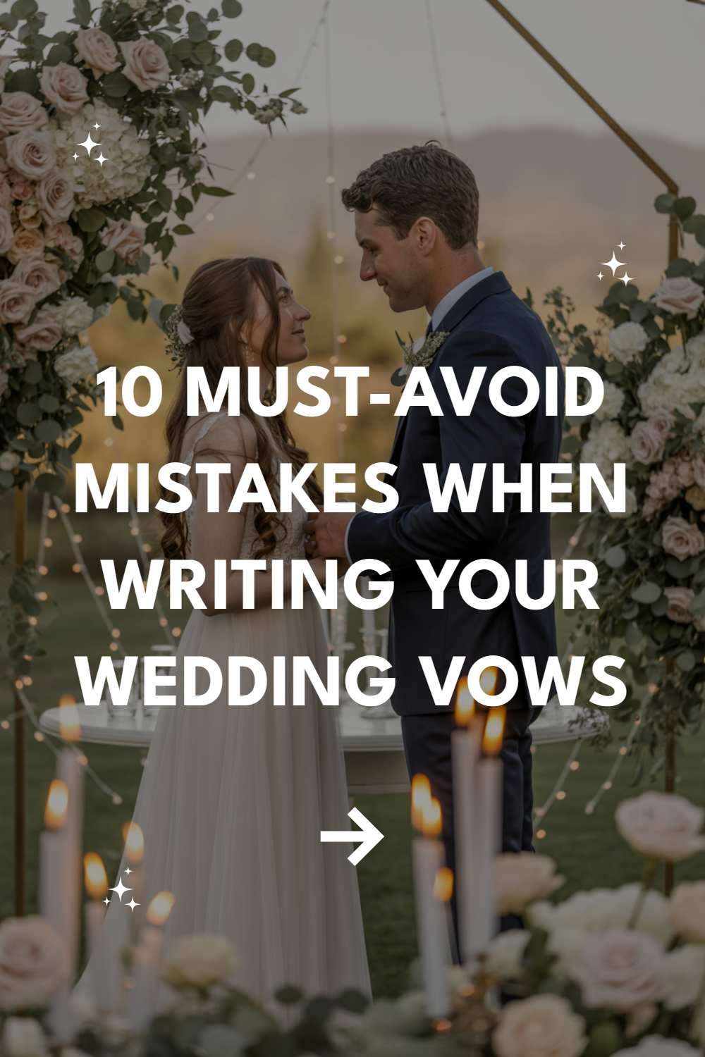 Couple exchanging wedding vows under floral arch; tips for avoiding vow writing mistakes included.