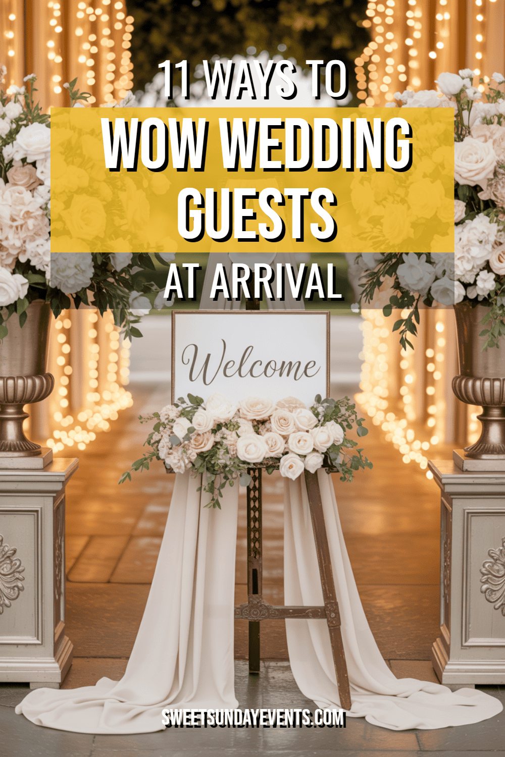 Elegant wedding welcome display with floral arrangements and warm lighting invites guests.