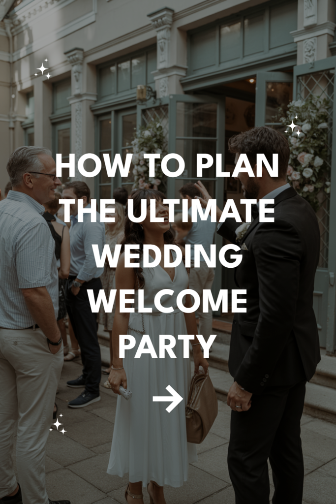 Stylish guests at a wedding welcome party outside a charming venue.