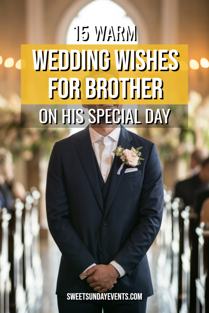Stylishly dressed groom in a wedding venue with warm wishes for his special day.