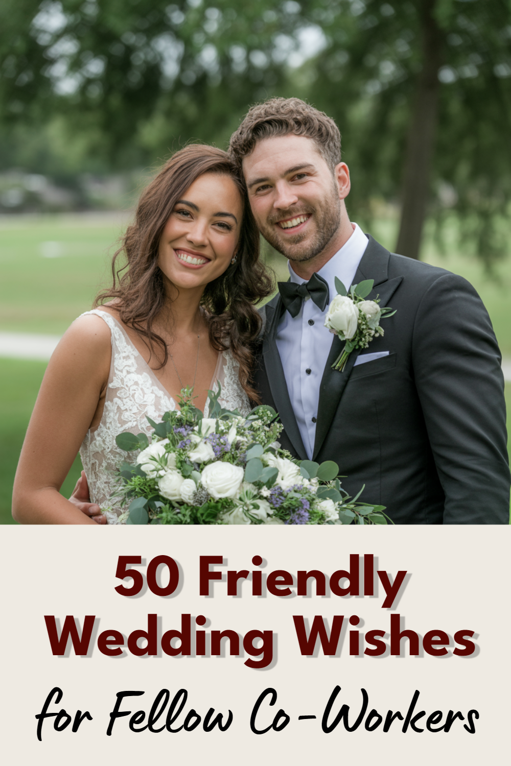 Happy couple in wedding attire celebrating love with elegant floral decor in a scenic backdrop.