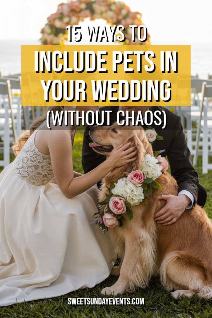 Joyful outdoor wedding with couple and golden retriever, showcasing love and pet inclusion.