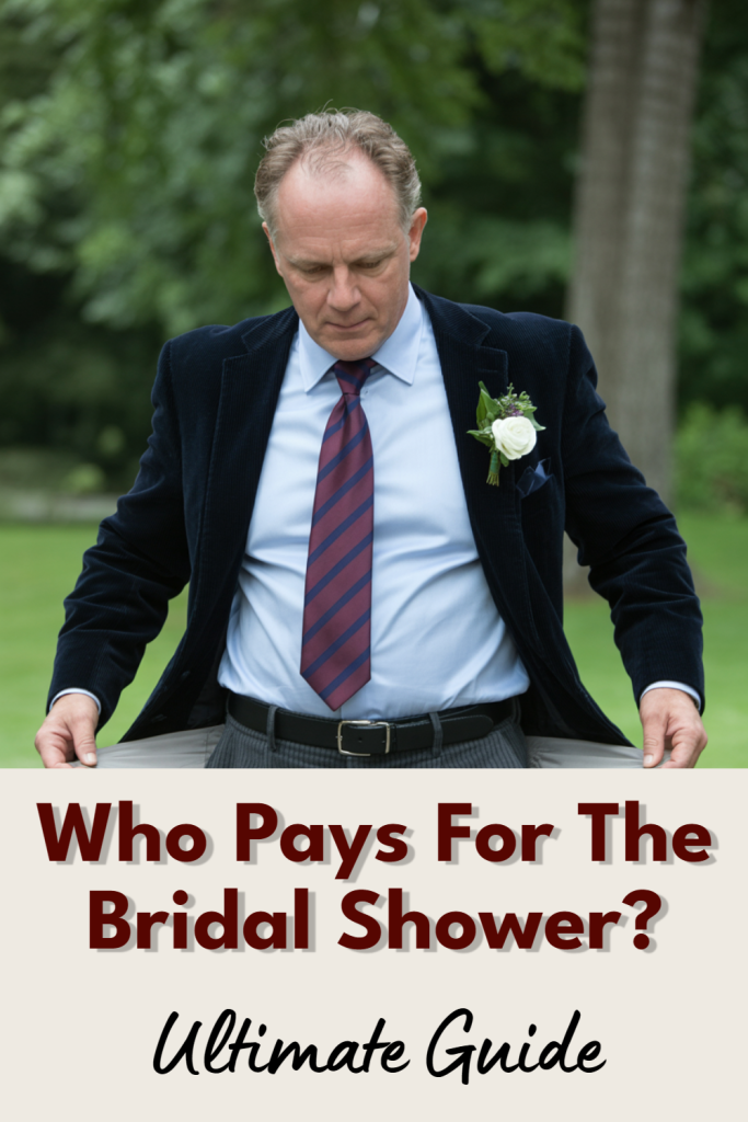 Man in a smart-casual outfit reflects on bridal shower responsibilities in a beautiful outdoor setting.