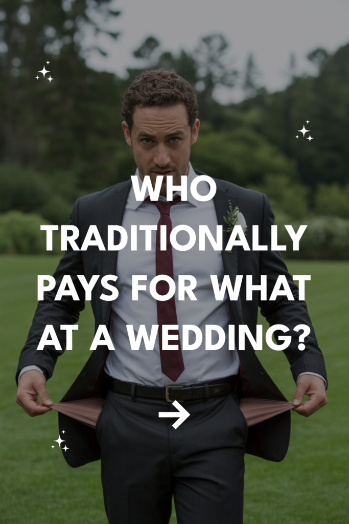 Man in suit shows empty pockets, highlighting traditional wedding expense responsibilities.