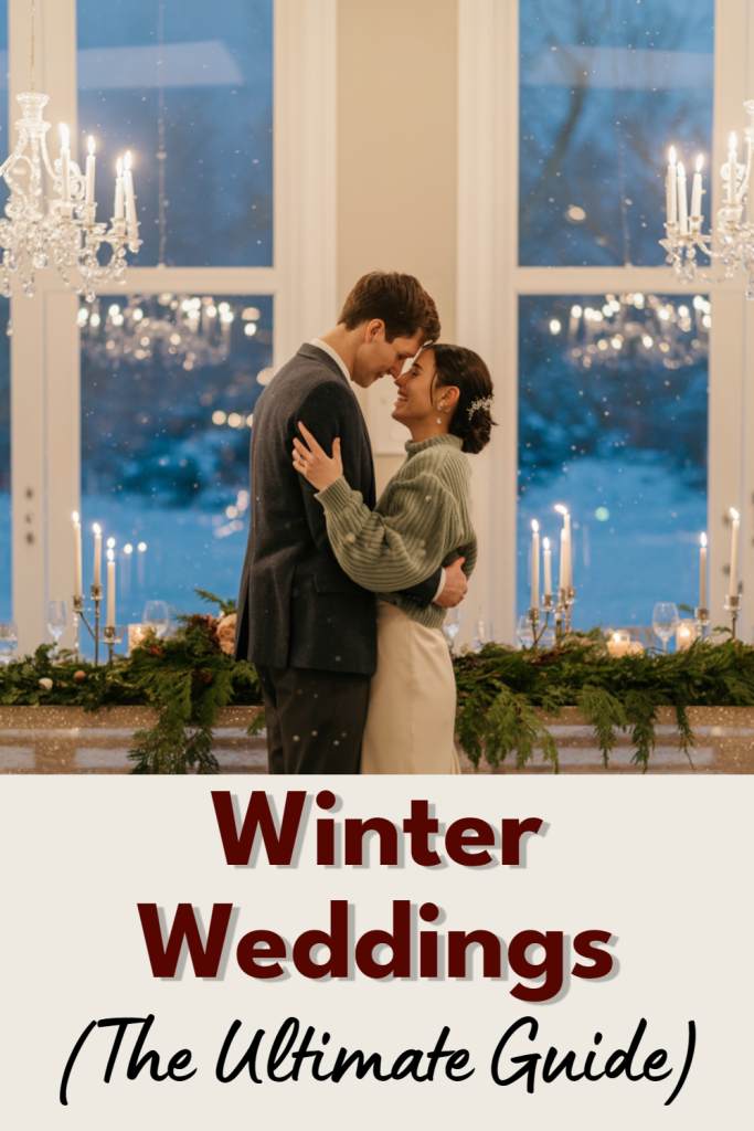 Couple sharing a romantic moment in a cozy winter wedding setting with soft snowfall.