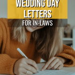 Woman writing heartfelt wedding letters to in-laws in a cozy, intimate setting.
