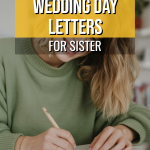 Woman writing a heartfelt letter to her sister in a cozy olive sweater.