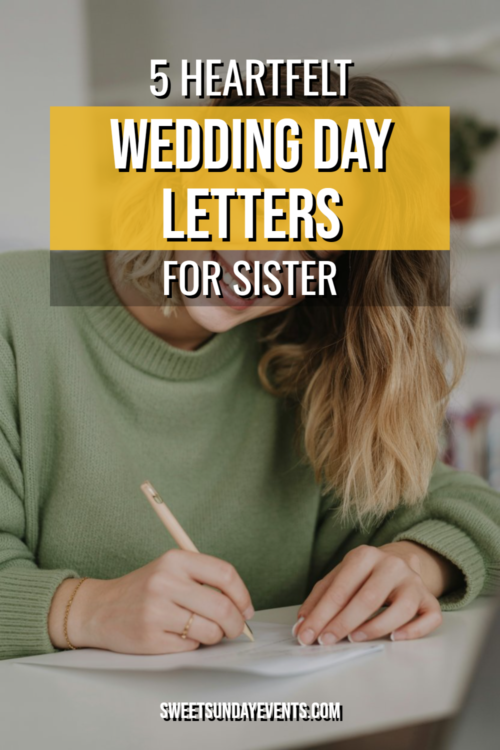 Woman writing a heartfelt letter to her sister in a cozy olive sweater.