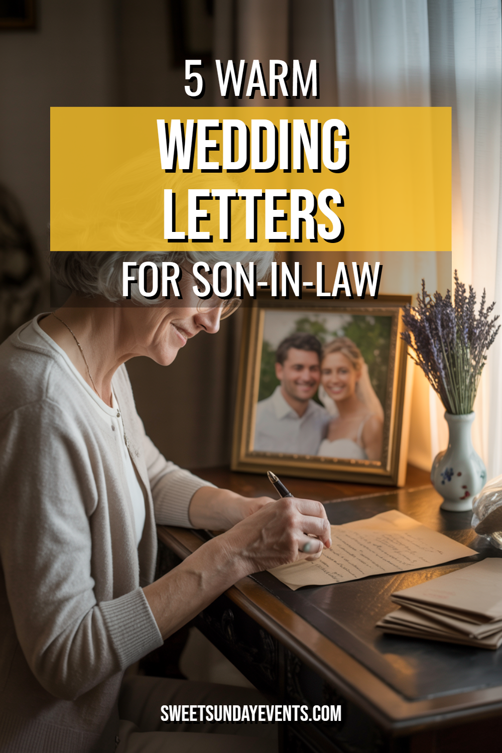 Woman writing heartfelt letter to son-in-law in a warm, cozy interior setting.