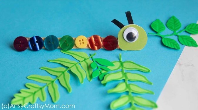 Cute Caterpillar Craft With Buttons, Pipe Cleaners, Googly Eyes & Popsicle Stick