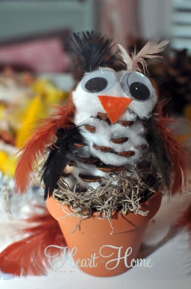 Easy-Peasy Snowy Winter Owl Craft Idea Using cotton Balls & Pinecone