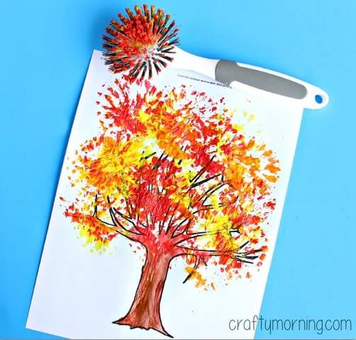 Fun & Easy Dish Brush Autumn Tree Painting Craft Ideas for Kids