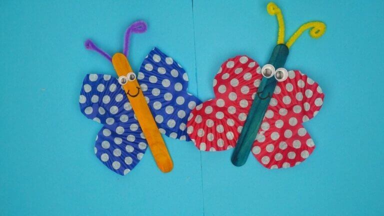 Handmade Butterfly Made With Popsicle Sticks, Cupcake Case & Pipe Cleaners
