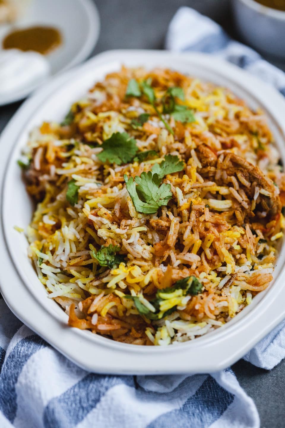 Chicken biryani in a bowl.